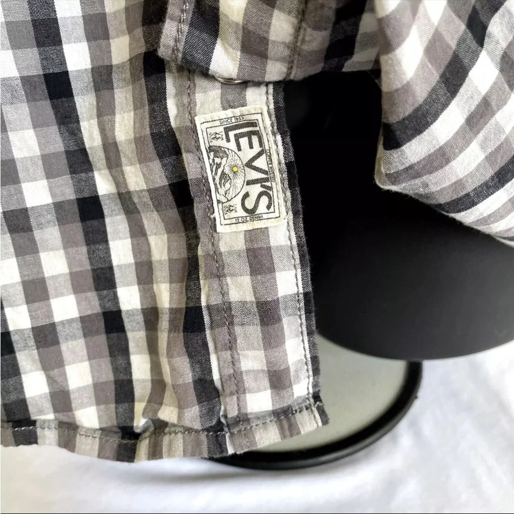 Mens Levi’s Short Sleeve Pearl Snap Shirt Sz XL‎ Black White Check Modern Fit